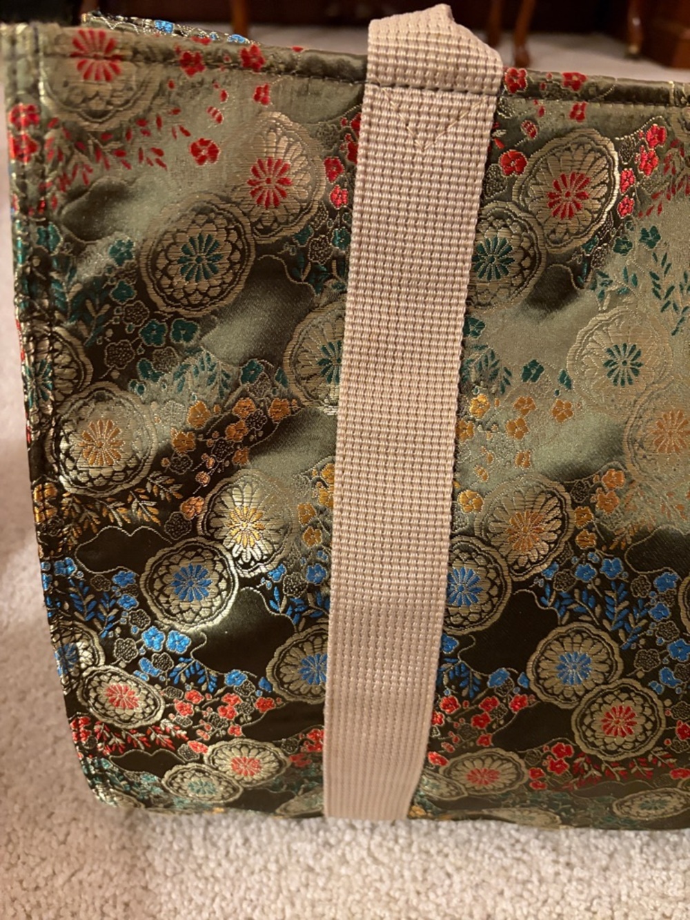 Oriental Olive Green Vibrant Floral Jacquard Satin Tote Bag with Beige Straps - Picture 6 of 16